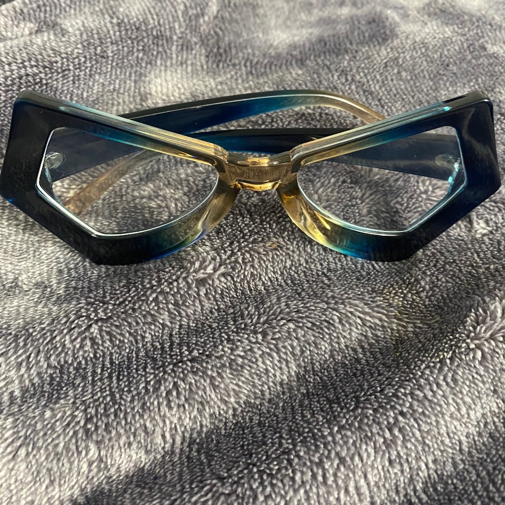 Unique Geometric Retro Fashion Glasses – Blue & Gold Statement Frames